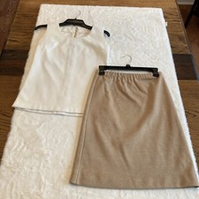 Vintage Womens Handmade White Shirt And Tan Skirt Set Measurements In Photos
