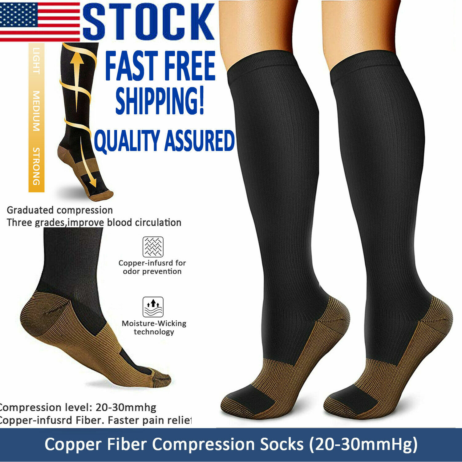 3/6 Pairs Copper Compression Socks 20-30mmHg Graduated Support for Men & Women Sizes S-XXL