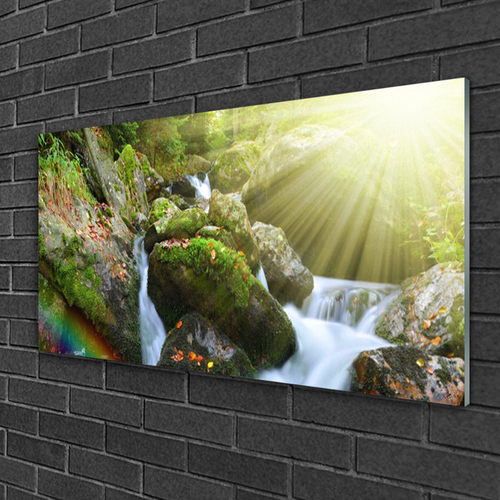 Tableau sur verre paysage nature cascade arc en ciel 100x50 cm déco murale