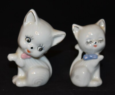 Vintage Boy and Girl Cat Figurines with Bows set of 2 Boy 3.5 in tall Girl 4 1/8