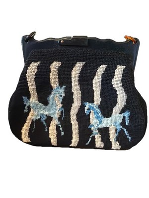 Hand-Knit hand made  Knit Bag Black Blue Unicorn with unique clasp  w/ handle