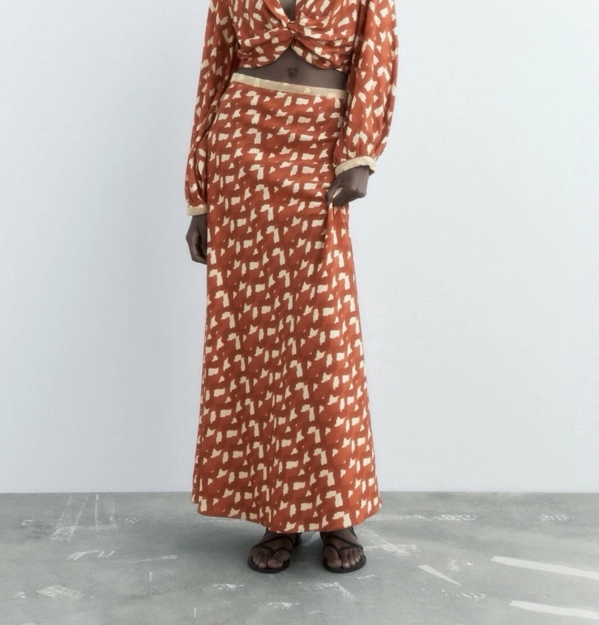 Zara Geometric Print Beaded Waistline A line Linen Maxi Skirt S