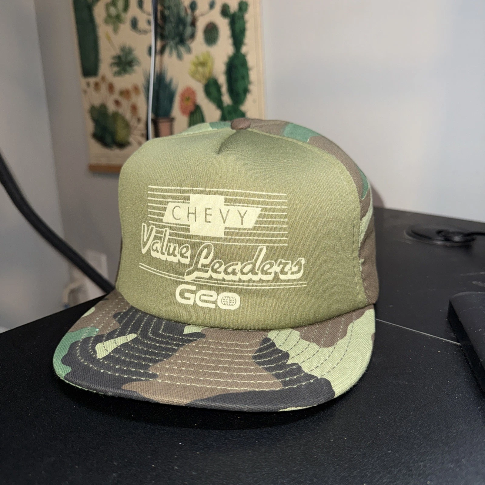 Vintage Chevrolet Geo Value Leaders Cap Camouflage Snap Back Hat Rare Puffer