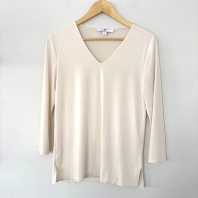 Jean-Pierre Klifa Paris Cream V-Neck 3/4 Sleeve Top Small Side Slit Tunic