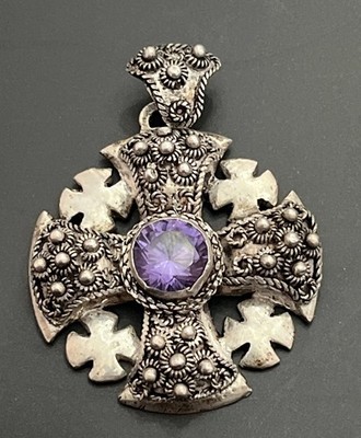 Antique 950 Silver Bethlehem Jerusalem Maltese Cross Purple Sapphire Pendant 2 