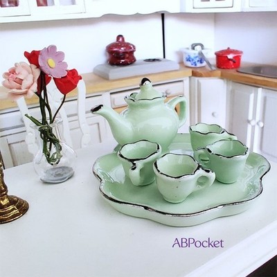 6PC 1:6 Scale Dollhouse Miniature Kitchen Set Accessories Porcelain Green Coffee