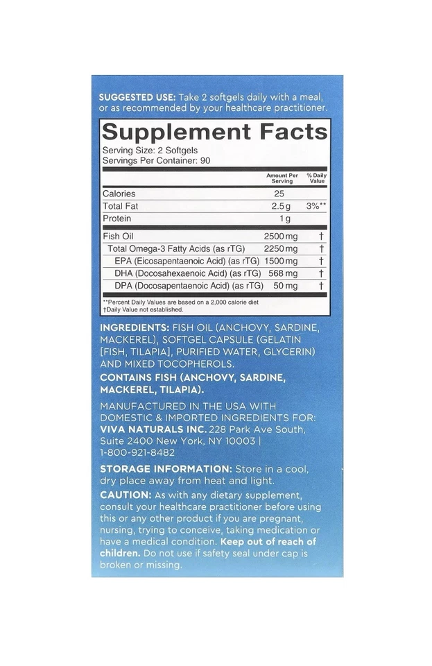 Aceite de pescado Omega-3, triple fuerza, 2.500 mg, 180 cápsulas blandas (1.250 por gel) ¡sellado! Foto 2 de 3