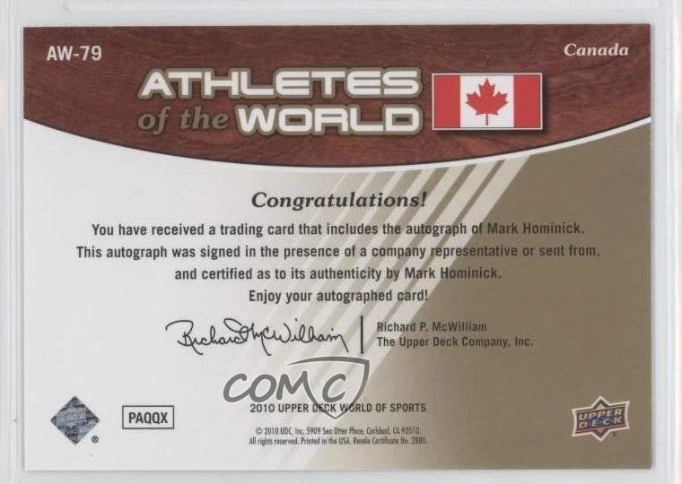 2010 Upper Deck World of Sports Athletes of the World Mark Hominick #AW-79 Auto - Image 2 of 2