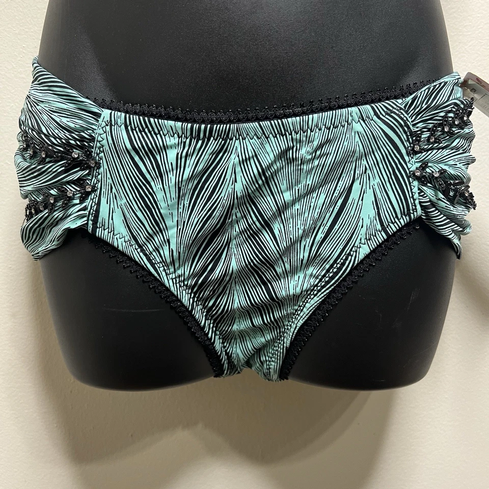 复古 Betsey Johnson 绿色黑色宝石泳装比基尼上衣和底部 S 全新带标签 — 第 3/4 张图片