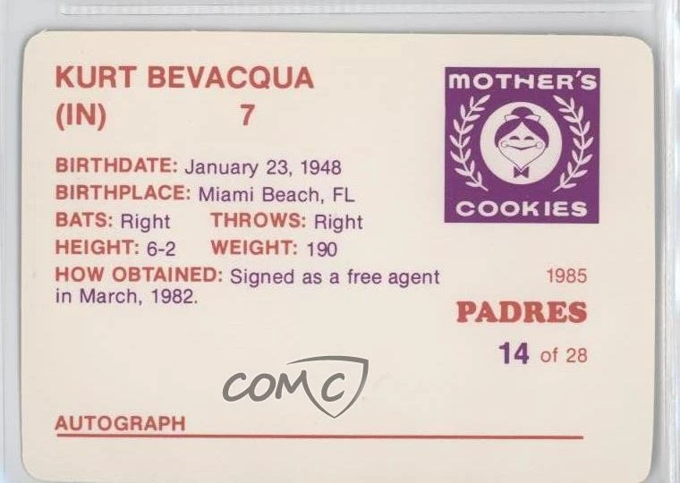 1985 Mother's Cookies San Diego Padres Stadium Giveaway Kurt Bevacqua #14 - Image 2 of 2