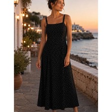 Gap Black Polka Dot Midi Dress Size S Smocked Back Adjustable Straps Sun Dress