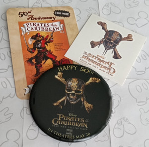 Happy 50th Pirates of the Caribbean Button Pin with Tattoo I was There Card Set