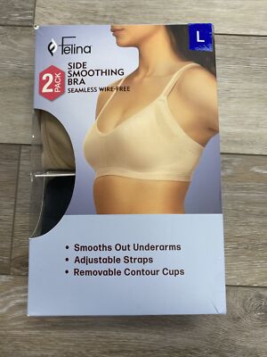 NWT SET OF 2 FELINA SIDE SMOOTHING SEAMLESS ADJUSTABLE BRA BEIGE BLACK L #123C