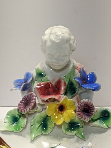 CERAMICA ITALIANA PUTO CHERUBINO CAPODIMONTE PIATTO COMPOSTO DIPINTO A MANO FLOREALE - Foto 9 di 12