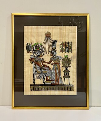 Set of 2 Framed Vintage Egyptian Art Hand Painted on Papyrus Paper