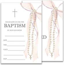 Pink Bow Baptism Invitations for Daughter, 4" X 6", 20 Invites and 20 Envelopes