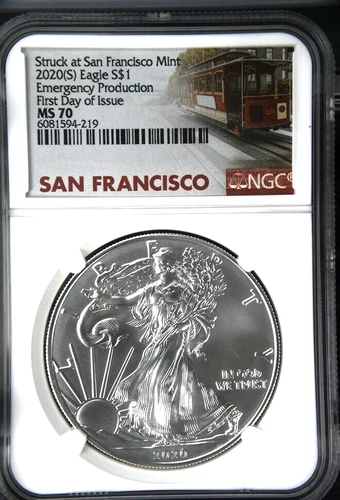 2020 (S) Silver Eagle, NGC MS70, Emergency Production, First Day of Issue