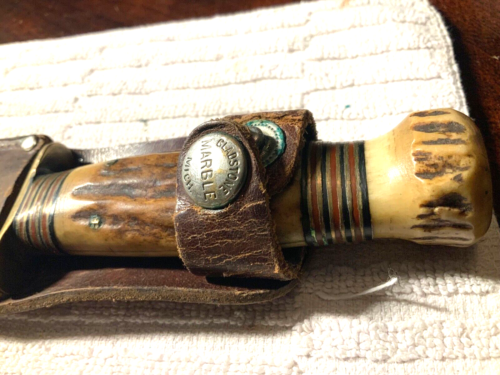 Vintage 1917-18 Marbles Gladstone Stag Handle Knife With Original Sheath 6 “ Bd