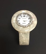 NEW GENEVA SILVER+CREAM+GRAY TONE,CRYSTALS,MOP DIAL ACRYLIC CUFF,BANGLE WATCH