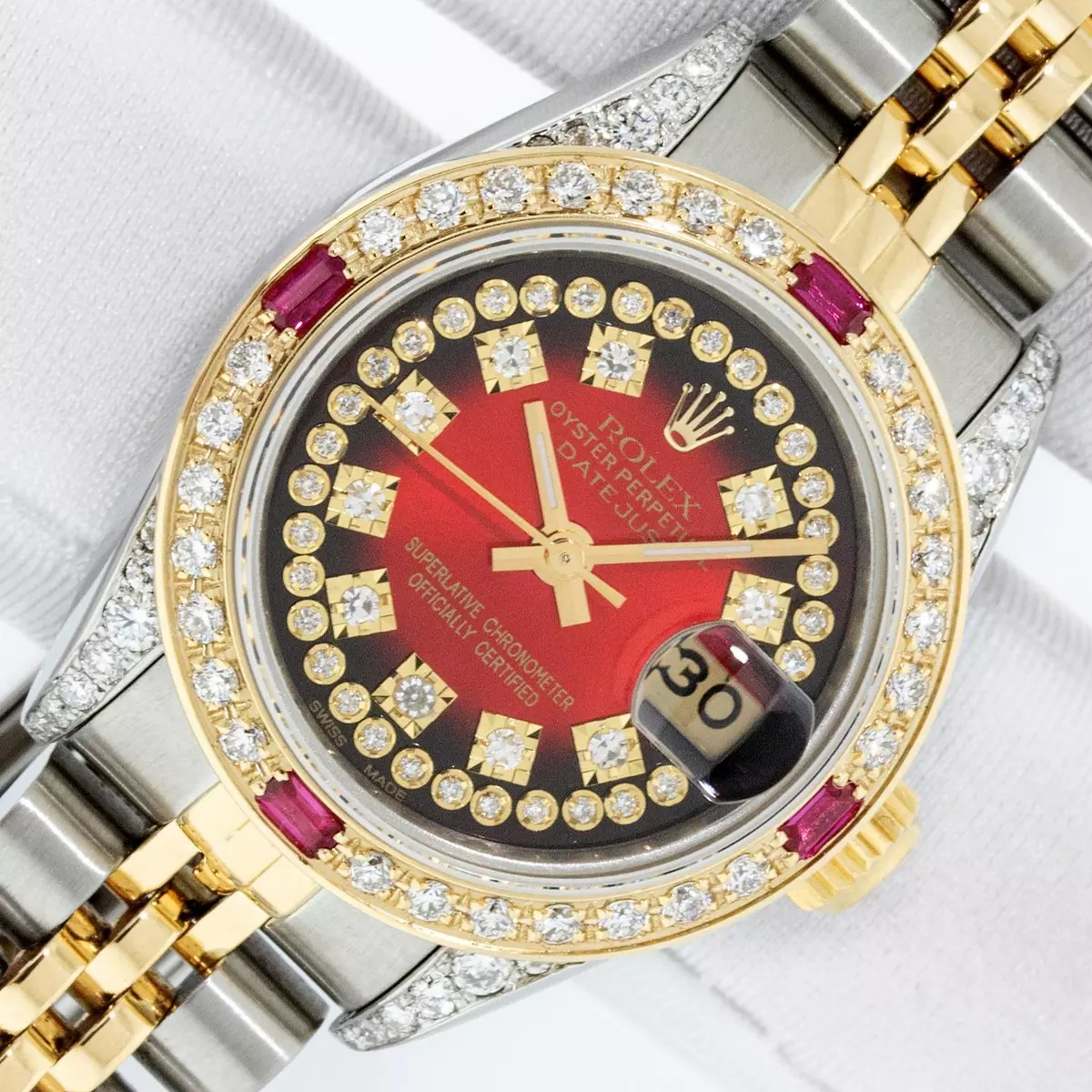 Rolex Lady DateJust Red Diamond Dial Steel and 18k Gold Diamond Ruby Bezel Watch