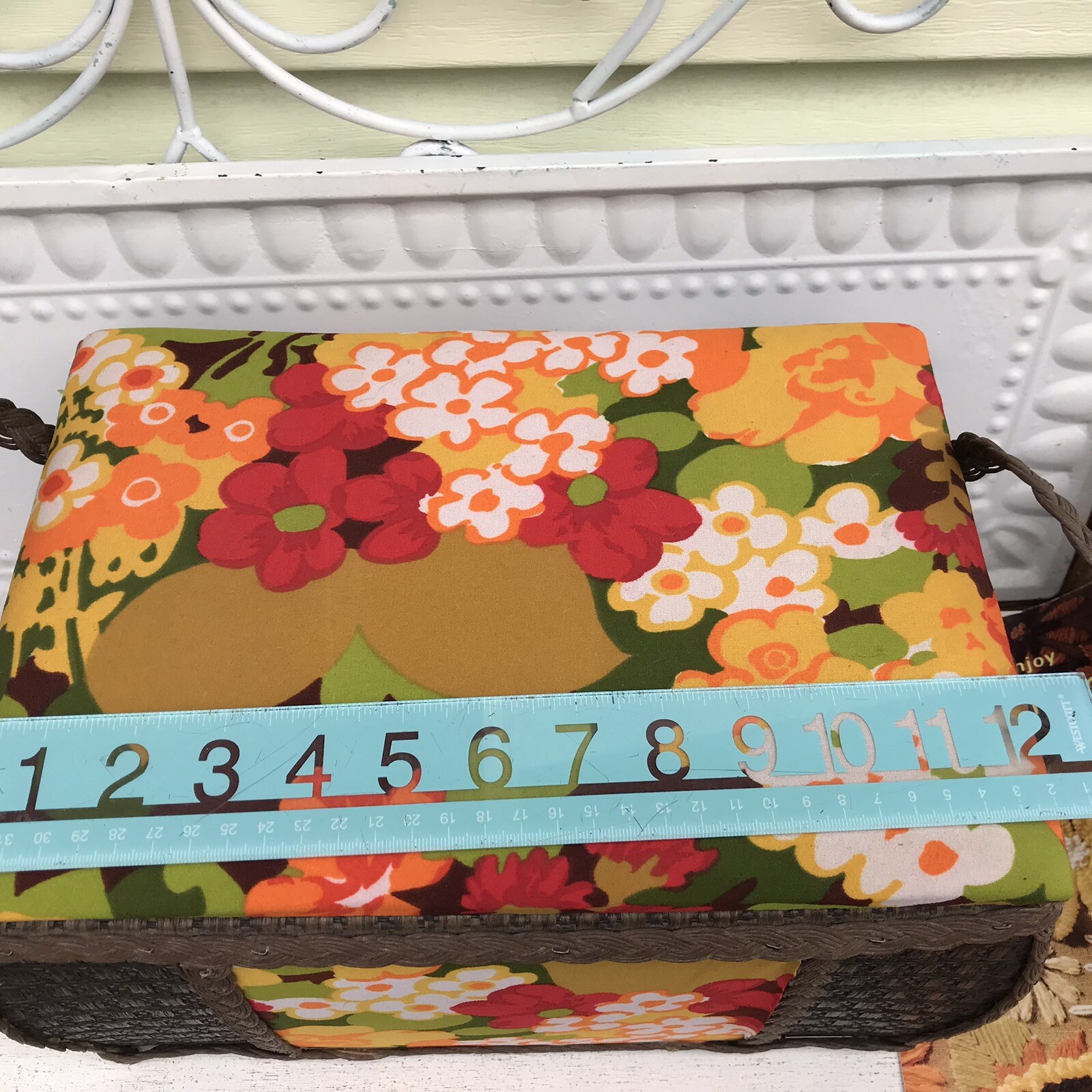 Vtg MCM Groovy 70s Orange Yellow Floral Wicker Storage Sewing Basket w Craft Bk