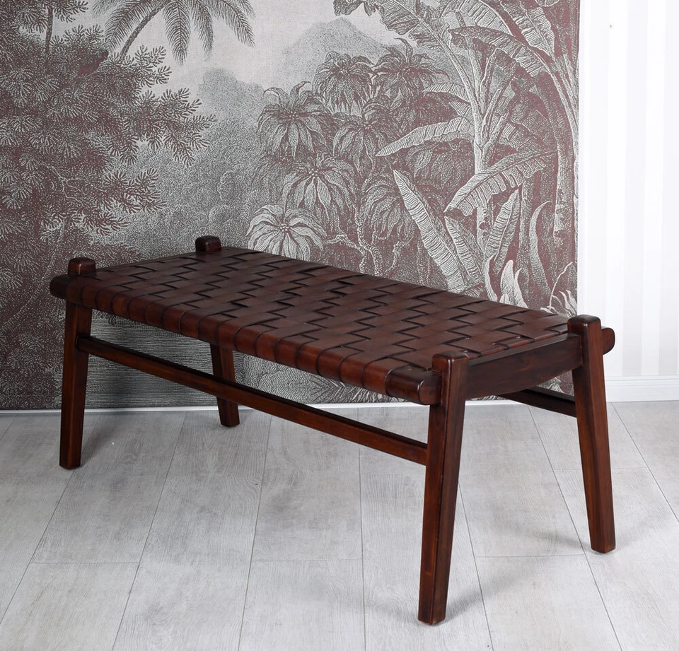 Leder Sitzbank Teak Holz Bank Boho Lederbank Holzbank Vintage Sitzmöbel  - Bild 4 von 4