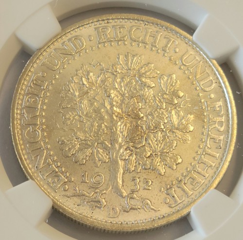 NGC MS 64 1932 D 5 Mark SILVER German Oak Tree . - Picture 2 of 3