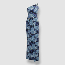 $1190 Chiara Boni Women Blue Jerusalema One-Shoulder Floral-Print Gown Dress 38