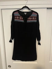 Boho Embroidered Falls Creek Womens Shift Dress Black V Neck Tie  Sz Small