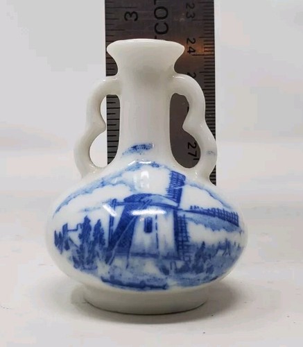 Vtg Delft Blue Miniature Bud Vase Hand Painted Holland Porcelain Windmill 2.75" - Picture 6 of 7