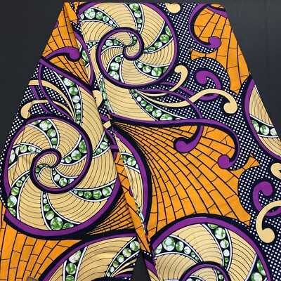 African print fabric, Ankara fabric, Orange metallic gold swirl print fabric