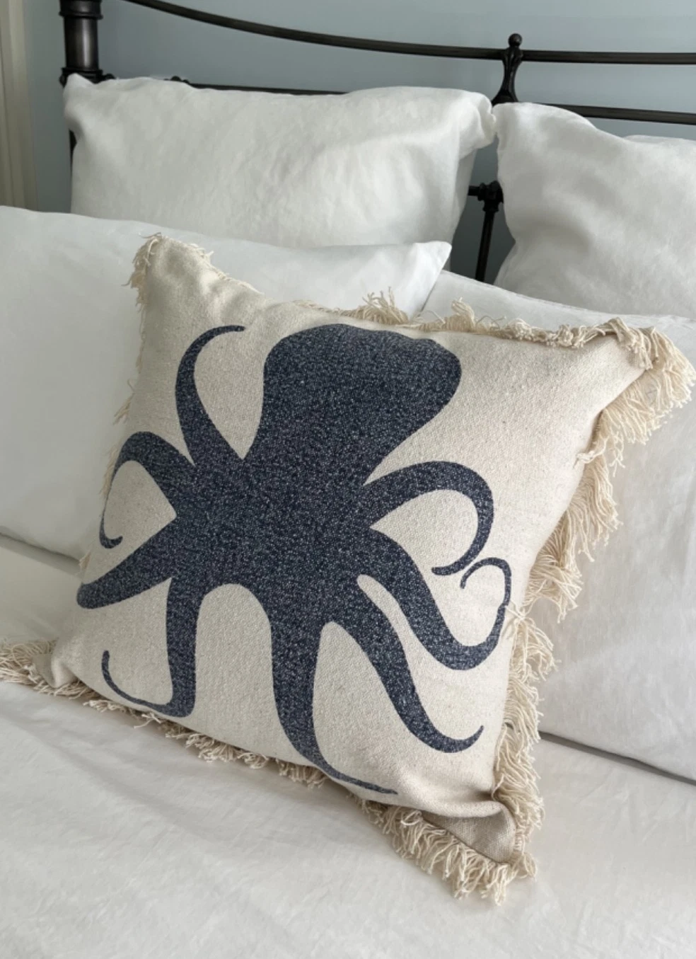 Octopus Fringed 16" Throw Pillow in Cream & Denim Blue, BRAND NEW WITH TAGS