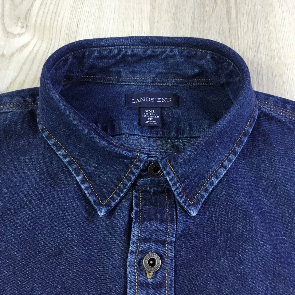 Lands End Mens Shirt 2XL Blue Denim Metal Button Up Long Sleeve Pockets Utility - Image 3 of 4