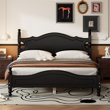 Queen Size Wood Platform Bed Frame with Wooden Slat Support, Retro Style, Black