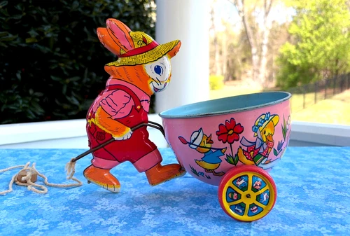 RARE Vintage J Chein Tin Litho Toy Easter Bunny Rabbit Pushing Cart Wagon