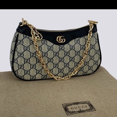 Gucci GG Monogram Shoulder Bag Beige/Black Gold Chain Strap Zip Closure