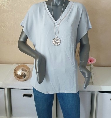 VIA MILANO Bluse Shirt Blusenshirt mit Glitzereinsatz Materialmix grau Gr.46 NEU