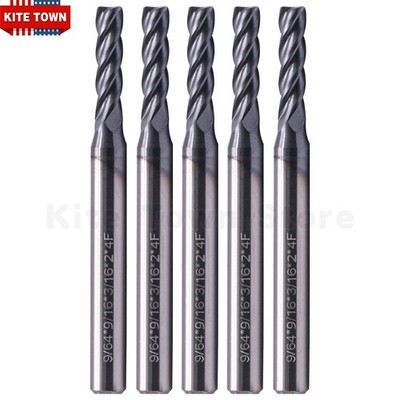 5Pcs 4 Flute 9/64'' x 3/16'' x 9/16'' x 2'' Solid Carbide End Mill - AlTiN Coated