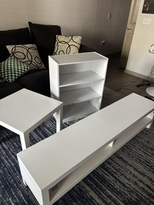 White Wood Composite TV Stand Set, Contemporary Modern, Open Storage Shelves