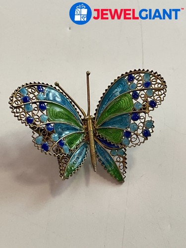 SIGNED GOLD-PLATED STERLING SILVER BUTTERFLY PIN MULTIPLE COLORED ENAMELS #FQ157