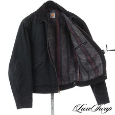 Vintage Carhartt Black Pique Canvas Blanket Lined Cord Collar Jacket Coat NR #1