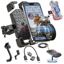 Motorcycle Phone Mount with USB Charger (3.25–7") – Waterproof Cell Phone Holder