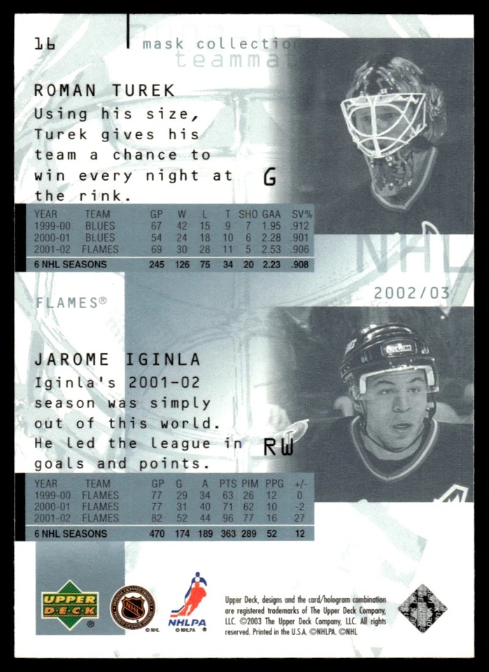 2002-03 Upper Deck Mask Collection Jarome Iginla/Roman Turek Calgary Flames #16 - Image 2 of 2