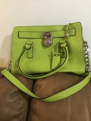 Michael Kors Hamilton Lime Green Large Handbag w/Silver Trim EUC.