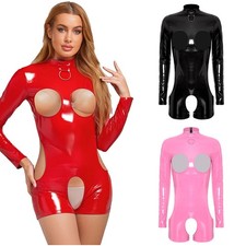 Women Catsuit Wet Look Rompers Cut Out Bodysuit Lingerie Underwear Costume PU