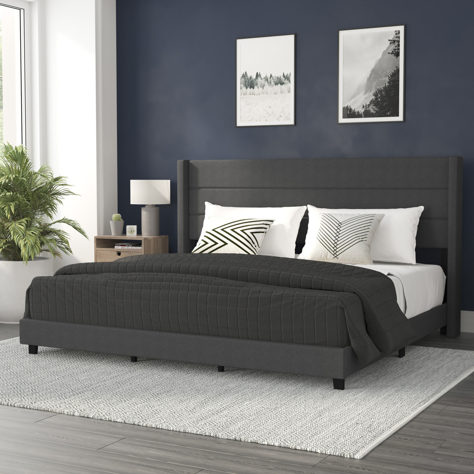 Roseto FFIF30203 Miltiades King Wood Platform Bed Frame in Charcoal Finish