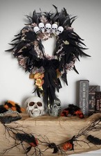 Halloween Skull Wreath Gothic Black Feather Door Decor Spooky Fall Wall Hanging