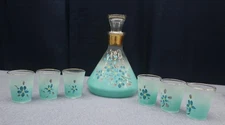 1960's Blendo West Virginia Glass Blue Hand Painted Floral Decanter & 6 shot gla