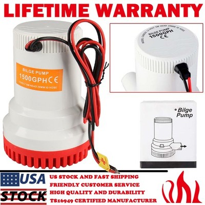 1500 GPH 12V Heavy Duty Marine Bilge Pump Boat Yacht Submersible Non-Automatic
