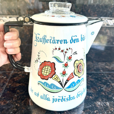 VTG Enamel Coffee Pot Berggren Porcelain Swedish Scandi Design Farm Flowers MCM